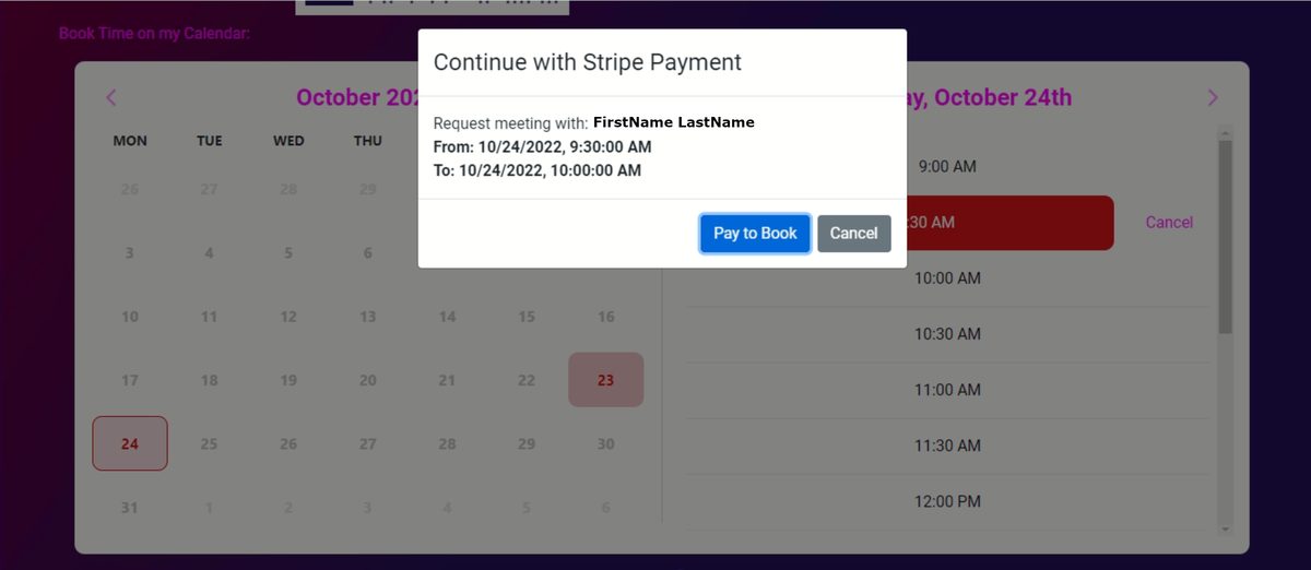 Pay to book checkout screen